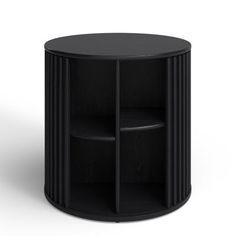 a black round table with three shelves on each side