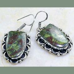 Lovely! Handmade, Natural Stone, Green Unakite Earrings. Made With 925 Sterling Silver, Each One Of My Pieces Is Unique And One Of A Kind! * Green Unakite * 925 Sterling Silver Stamped * Handmade- Each Piece Is Unique * 1" * Same Or Next Day Shipping! * Please Check Out My Other Items! Sterling Silver Earrings With Green Color Stamped 925, Green 925 Sterling Silver Earrings, Green Sterling Silver Earrings Stamped 925, White Topaz Earrings, Hand Painted Earrings, Copper Pearl, Sunflower Earrings, Painted Earrings, Handmade Earrings Beaded