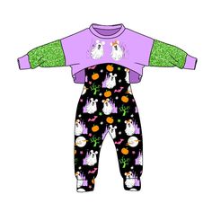 Fabric : Milk silk custom order,no moq Halloween Romper, Girls Halloween Outfits, Purple Pumpkin, Christmas Romper, Ghost Cartoon, Girls Halloween, Purple Long Sleeve, Boys Easter