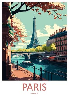 the eiffel tower in paris, france is featured on this travel poster print