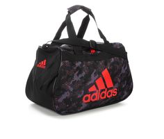 Adidas Diablo Small Printed Duffel Bag. Carry your gym gear in style with the Adidas Diablo Duffel Bag! Not only will the oversized Adidas logo and label keep your style sporty, but the top-loading design makes it easy to load up your exercise essentials. 100% polyester, Adidas 3-stripe logo and label detail spans the front, Adjustable shoulder straps, Dimensions: 17\W x 10\D x 11\H, Padded handles, Reinforced bottom, Top-loading main compartment | Adidas Diablo Small Duffel Bag in Camo Black/Re Casual Adidas Logo Bags For Outdoor Activities, Casual Adidas Sports Bags, Sporty Adidas Bag With Logo, Sporty Adidas Logo Bag, Functional Adidas Everyday Bag, Functional Everyday Adidas Logo Bag, Functional Adidas Logo Bag, Sporty Adidas Logo Bag For Everyday Use, Adidas Sports Bags With Logo