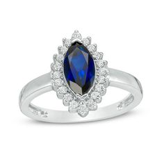 Turn heads with this eye-catching fashion ring. Crafted in sterling silver, this exquisite choice features a stunning 10.0 x 5.0mm marquise-shaped lab-created bright blue sapphire wrapped in a sparkling sunburst frame of lab-created white sapphires. Buffed to a brilliant lustre, this look makes a refined statement of fashion. Custom-made to fit her ring size. Sterling silver rings cannot be resized after purchase. Minimalist Jewelry Rings, Sapphire Silver Ring, Frame Ring, Sapphire Engagement Ring Blue, Silver Wedding Rings, Jewelry Ring Box, Blue Gemstones, White Sapphire, Silver Pendant Necklace