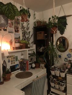 a room with many plants and pictures on the wall