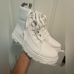 Brand New! White On White. Size 8 White Low-top Boots For Fall, White Low-top Synthetic Boots, White Flat Heel Boots For Streetwear, White Synthetic Low-top Boots, White Sporty Platform Boots, White Sporty Ankle-high Boots, White Sporty Boots For Spring, White Lace-up Boots With Textured Sole, Casual White Lace-up Boots