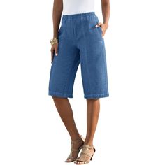 A great addition to your warm-weather wardrobe, these bermuda shorts are just what you need this season. So versatile, pair it with a tee for a casual look or dress it up with a printed blouse. Center seams and pull-on elasticized waist. Cotton Linen Pants, Bermuda Short, Simple Tees, Plus Size Summer, Swimsuits For All, Current Fashion Trends, Plus Size Shorts, Long Shorts, Bottom Clothes