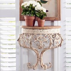 two potted plants on top of a white table in front of a window with shutters