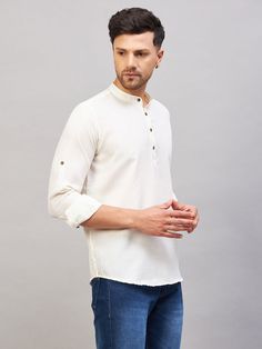 VM BY VASTRAMAY Men's Cream Short Cotton Kurta Stay comfortable and stylish with this cream short cotton kurta for men from VM BY VASTRAMAY. Made from high-quality cotton, this kurta is perfect for casual occasions and daily wear. It features a classic design with a mandarin collar and short sleeves, offering a relaxed fit. Pair it with jeans or trousers for a complete look. Features: Color: Cream Fabric: Cotton Design: Short kurta with mandarin collar Sleeves: Short sleeves Fit: Regular fit Spe White Cotton Kurta With Relaxed Fit, Casual Cotton Kurta With Relaxed Fit, White Casual Kurta With Relaxed Fit, Casual White Kurta With Relaxed Fit, White Casual Relaxed Fit Kurta, White Relaxed Fit Cotton Kurta, White Cotton Relaxed Fit Kurta, Spring Cream Straight Kurta, Off White Long Sleeve Cotton Kurta