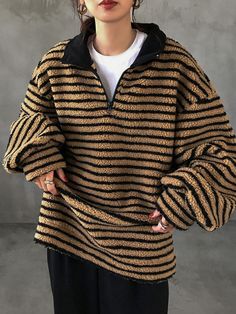 Women's Casual Color Block Striped Loose Plush Sweatshirt, Autumn/Winter Black Casual  Wrist-Length Sleeve Polyester Colorblock,Striped Half Placket Non-Stretch Fall/Winter Women Clothing, size features are:Bust: ,Length: ,Sleeve Length: Long Sleeve Tops For Winter Wear, Long Sleeve Tops For Cold Weather, Winter Long Sleeve Tops For Cold Weather, Warm Long Sleeve Tops, Warm Long Sleeve Tops For Fall, Warm Brown Long Sleeve Top, Winter Knit Sweatshirt, Warm Long Sleeve Tops For Winter, Long Sleeve Warm Tops For Cold Weather