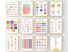 a set of twelve children's calendars with numbers, symbols and letters on them