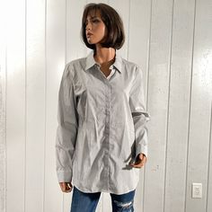 Nwt Calvin Klein Women's Striped Button Down Long Shirt Sz L 100% Cotton Measurements Lying Flat Approx: Armpit To Armpit: 20.5" Shoulder:17" Length: 28.5" Smoke And Pet Free Home Calvin Klein Button-up Tops For Business Casual, Calvin Klein Collared Tops For Business Casual, Calvin Klein Cotton Shirt For Business Casual, Gray Workwear Shirt With Buttons, Calvin Klein Business Casual Button-up Shirt, Gray Button-up Top With Button Cuffs, Calvin Klein Button-up Shirt For Business Casual, Gray Buttoned Shirt For Work, Calvin Klein Button-up Business Casual Tops