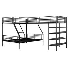 a metal bunk bed with a ladder and shelves underneath it, against a white background