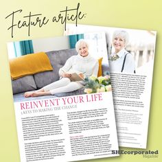 the front and back pages of a magazine with an image of two women sitting on a couch