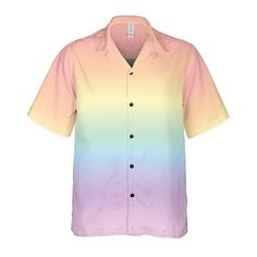 Pastel Rainbow Gradient Button Up Shirt. This eye-catching Pastel Rainbow Gradient Button Up Shirt is the perfect design for anyone who loves rainbows and pastel colors! Features a lovely design of rainbow pastel colors in a gradient style. If you love unique creations then this is the perfect button-up shirt for you. Classy yet very comfortable to wear; this shirt is perfect to keep you cool and looking great all day. Product Details Step out with an instant classic! This button-up shirt is an Rainbow Print Tops For Pride, Trendy Gradient Color Tops For Spring, Rainbow Short Sleeve Top For Pride, Trendy Rainbow Top For Pride, Rainbow Cotton Shirt For Summer, Summer Gradient Color Short Sleeve Top, Casual Rainbow Pride Tops, Casual Rainbow Top For Pride, Casual Multicolor Tops For Pride