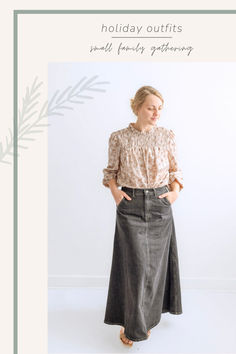 a woman standing in front of a white wall with the words holiday outfits on it