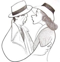 a black and white drawing of a man and woman wearing hats, standing next to each other