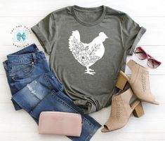 Farm Tees, Chicken print shirt, Chicken Love shirt, Chicken gifts, Floral Chicken Shirt, Chicken Shirt, Farm shirt, Chicken Lover Shirt, Women's Chicken ShirtThe first photo shows the Mauve color and the second one - Military Green. You can pick other colors from the color chart.We use Bella Canvas t-shirts and they are SUPER soft and SUPER comfy. Sizing is UNISEX and will be a relaxed fit with longer length for women, and fitted chest and bicep for men. Ladies, we recommend ordering your normal Casual Printed Tops For Gifting, Casual Printed Tops For Gifts, Printed Summer Tops As A Gift, Casual Printed Shirt As Gift, Casual White Printed Shirt, Casual Summer Shirt With Printing, Casual Summer Shirt For Gift, Spring Gift Shirt With Custom Print, Casual Short Sleeve Shirt With Printing