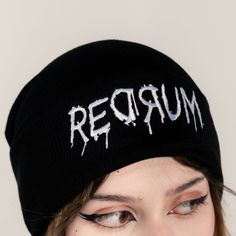 Introducing the Redrum Beanie, a high-quality unisex black acrylic beanie that's both durable and comfortable. Featuring an intricate embroidery design, this beanie is a true statement piece, perfect for adding a bold touch to any outfit. Enjoy lasting comfort and standout style with this exceptional accessory. Alternative Beanie For Streetwear, Black Cotton Beanie Cap, Fitted Beanie For Streetwear, Alternative Winter Cap Hat, Alternative Winter Cap, Black Punk Beanie Hat, Punk Black Beanie Hat, Punk Style Black Beanie Hat, Unisex Black Beanie Hat