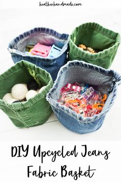 diy upcycled jeans fabric basket with text overlay