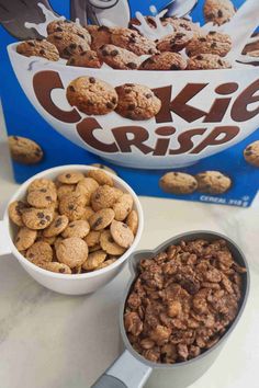 chocolate chip cookies and cereal in bowls next to a box of cookie crumbles