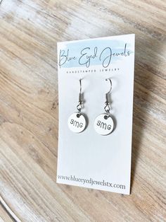 "Handstamped Earrings Monogram Earrings Monogram Jewelry Personalized Earrings Initial Earrings Dangle Earrings Valentines Day Gift Handstamped Earrings with Monogram of Choice. These Earrings make a loving gift to any member of your family or friends. * 1/2\" Brushed disc stamped with \"Monogram of Choice\" * White Pearl * Silver Fishhook Earwire Samples shown are stamped in 3mm Sans Serif at check-out, please leave information **Monogram Desired All handstamped jewelry is wrapped nicely in gif Anniversary Dangle Earrings Cadmium-free, Cadmium-free Dangle Earrings For Anniversary, Personalized Dangle Earrings For Gifts, Personalized Round Silver Earrings, Silver Hand Stamped Earrings For Gift, Adjustable Stamped Dangle Earrings, Personalized Silver Drop Earrings, Personalized Earrings, Handstamped Jewelry