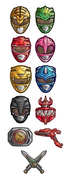 six different types of masks are shown in this drawing style, each with different colors and shapes