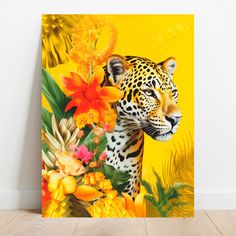 a painting of a leopard surrounded by tropical flowers and plants on a yellow background with white walls