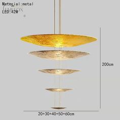 the measurements for a hanging light fixture with three lights and four circular discs on each side