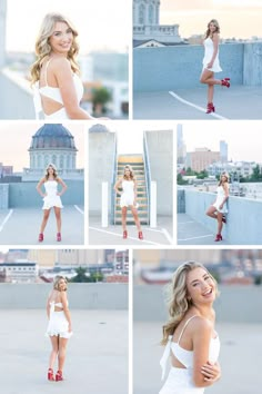 a woman in white posing for pictures on top of a building