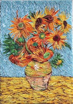 a painting of sunflowers in a vase on a table