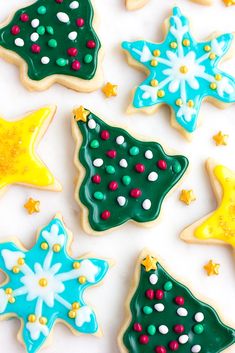 decorated christmas cookies arranged in different shapes and colors