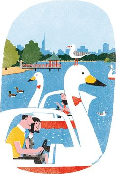 two people are riding in a boat with swans