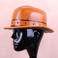 Brown Leather Brimmed Fedora, Fitted Leather Hat With Curved Brim, Fitted Leather Fedora Hat, Fitted Brown Leather Fedora, Vintage Leather Fedora For Rodeo, Fitted Leather Hat With Short Brim, Fitted Leather Top Hat With Short Brim, Fitted Leather Top Hat With Flat Brim, Leather Fedora For Kentucky Derby With Curved Brim