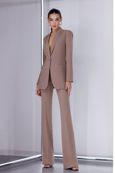 Fabric: High quality suiting fabric crepe diagonal 65% Cotton, 35% Polyester Included: jacket and pants Shawl-lapel Single-breasted High-rise flared pants Fitting: Regular-Fit Lining option: Fully-Lined Jacket vent: No vent Pants length (inseam): 95cm/ 37.5in Luxury Fall Career Pantsuit, Luxury Fitted Straight Leg Pantsuit, Luxury Long Sleeve Pantsuit With Pockets, Luxury Chic Pantsuit For Office Wear, Luxury Sleek Pantsuit With Straight Pants, Luxury Sleek Straight Leg Pantsuit, Luxury Chic Straight Leg Pantsuit, Affordable Elegant Fitted Pantsuit, Luxury Elegant Straight Leg Pantsuit