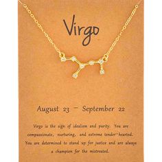 virgo zodiac sign necklace on a card with the zodiac symbol in gold and diamonds