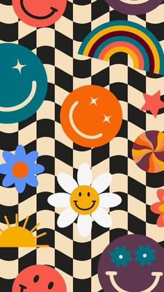 an abstract pattern with smiley faces and rainbows on black and white checkered background