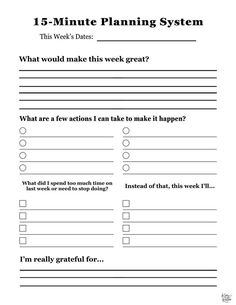 a printable worksheet for the 5 - minute planning system, which includes tasks and