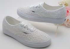 "Beautiful and Romantic wedding sneaker are a perfect accessories for your Special day..These Wedding   White Authentic Vans  Sneakers , are embellished with White Pearls covering the entire shoes and White Satin Ribbon shoelaces for tying  Handmade to order, so please allow me enough time before your wedding date. Orders are processed and shipped within 6-7 WEEKS of payment., large orders may take longer ..Please allow an additional 2-5 days. Domestic Shipping will take 2-5 Business days.    Th Vans Wedding, Sneakers For Bride, Ribbon Shoelaces, Ribbon Shoe Laces, Sneakers Wedding, Communion Shoes, Wedding Vans, First Communion Shoes, Wedding Sneakers