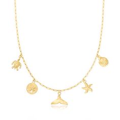 Ross-Simons - 18kt Gold Over Sea Life Charm Paper Clip Link Necklace. 18". Handcrafted in 18kt yellow gold over sterling silver, this ocean-inspired necklace is perfect for the beach lover! Featuring five highly detailed charms including a sea turtle, a sand dollar, a whale's tail, a starfish and a seashell dangling from on-trend paper clip links. Textured and polished finishes. Lobster clasp, 18kt gold over sterling sea life charm paper clip link necklace. Sea Necklace, Inspired Necklace, Fine Jewelery, Ocean Inspired, Beach Lover, Sand Dollar, Ocean Inspiration, Link Necklace, Paper Clip