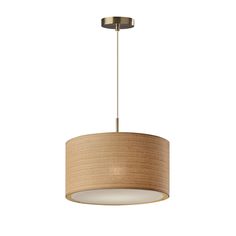 a light fixture with a beige shade on the bottom and an oval shaped lamp hanging from the ceiling