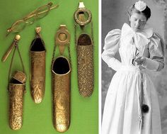 Left, a variety of chatelaines designed to carry spectacles. Right, this cabinet card image, circa 1885, shows a nurse in uniform wearing a long chatelaine with a pinwheel and scissors. In her hand she holds a watch, which hangs from her neck on a black ribbon guard chain. Tools For Women, Fall Handbags, Cabinet Card, Victorian Women, Edwardian Era, Old Fashion