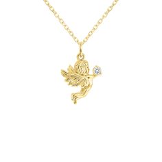 Angels are spiritual beings who may no longer physically be with us, but are always in our minds. Keep the memory of your loved ones close to your heart with this angel pendant/necklace. Product Information Metal Type: 10k or 14k Yellow/Rose/White Weight: 10k - 1.0 g | 14k - 1.1 g Pendant Size: Height - 20mm | Width - 14mm Chain Type: Rolo Chain Stone InformationStone: DiamondSize: 2.5mmTotal Carat Weight: 0.05 Carats SKU: TKM1080 Angel Pendant Necklace, Angel Jewelry, Angel Pendant, Rose Gold Pendant, Girly Jewelry, Diamond Pendant Necklace, Yellow Rose, 10k Gold, Diamond Pendant