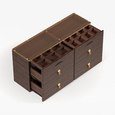 an open wooden box with drawers on the bottom and one drawer opened to reveal several compartments