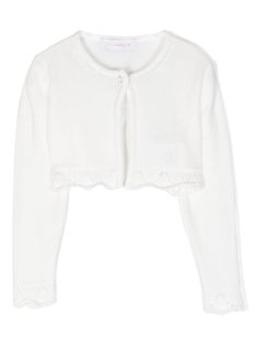 optical white cotton knitted construction lace trim crew neck front button fastening long sleeves straight hem cropped White Cropped Cotton Sweater, White Cotton Cropped Sweater, Elegant Fitted White Cropped Sweater, White Cardigan With Crochet Trim For Fall, Fitted White Cotton Cropped Sweater, White Fitted Cotton Cropped Sweater, White Long Sleeve Cardigan With Crochet Trim, White Crochet Trim Long Sleeve Cardigan, White Long Sleeve Cardigan With Lace Trim