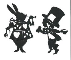 two black and white silhouettes of rabbits with hats on their heads, one holding an umbrella