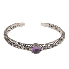 Shining tendrils intertwine to evoke the dense rainforests in Bali. From Komang Wijayana, this feminine bracelet is lovingly crafted by hand with sterling silver. A three-carat faceted amethyst crowns the slender cuff. Elegant Silver Amethyst Cuff Bracelet, Elegant Silver Amethyst Bangle, Feminine Bracelet, Forest Nymph, Floral Cuff, Sterling Silver Cuff Bracelet, Sterling Silver Cuff, Silver Cuff Bracelet, Silver Cuff