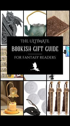 the ultimate bookish gift guide for fantasy readers cover image with images of books and items