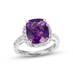 This captivating ring showcases a vibrant checkerboard cushion-cut amethyst flanked by glittering white lab-created sapphires. More white lab-created sapphires add lovely sparkle to the classic sterling silver band. White Lab, Silver Prices, Sapphire Stone, Sterling Silver Bands, Amethyst Stone, Cushion Cut, Sterling Ring, Silver Band, Ring Designs