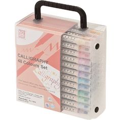 a display case with 48 colors of calligraphy on the front and bottom, in clear plastic