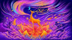 a painting of a giraffe standing on top of a fire