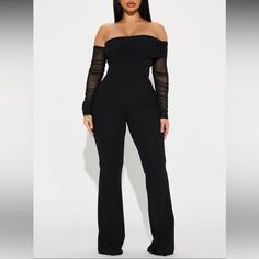 Black Mesh Sleeve Jumpsuit In Size Medium Has Some Stretch- Might Be Tight Fitting New Fitted High-waisted Jumpsuits And Rompers For Party, Black Stretch Pantsuit For Evening, Fitted Black Summer Pantsuit, Black Fitted Summer Pantsuit, Summer High Waist Black Pantsuit, Black Spring Pantsuit For Date Night, Summer High-waisted Black Pantsuit, Summer Black High-waist Pantsuit, Black High Waist Tops For Work